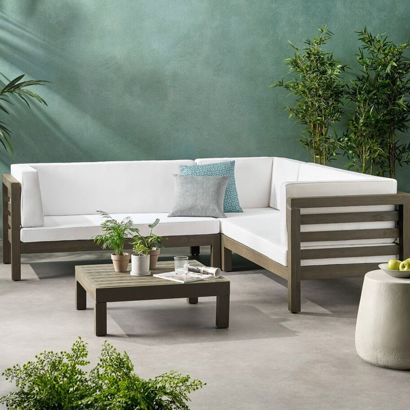 Ensemble de conversation modulaire en bois avec coussins Oana, Blanc
