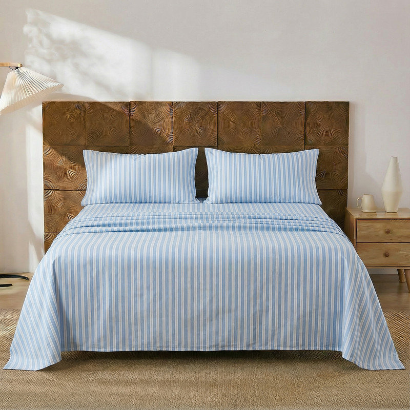 Blue and White Striped Sheet Set Queen Size, 100% Cotton Fitted Sheet Set with Deep Pockets, Crisp Cool Feeling, Ribbon Stripes Design, 4-Piece All Season Bedding