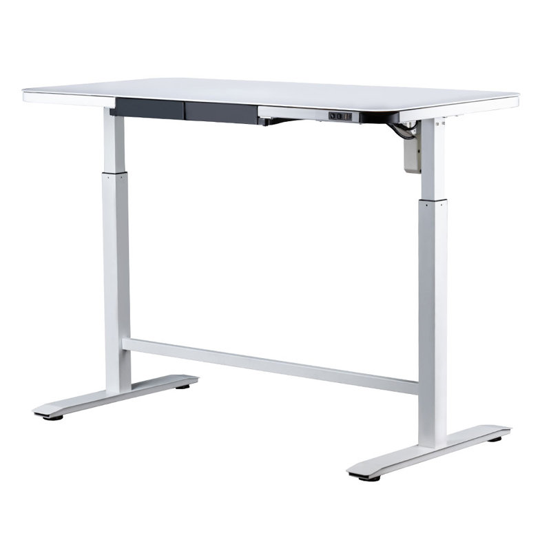 Bureau électrique en verre à hauteur ajustable avec tiroirs pivotants pour bureau personnel, moteur simple, Blanc