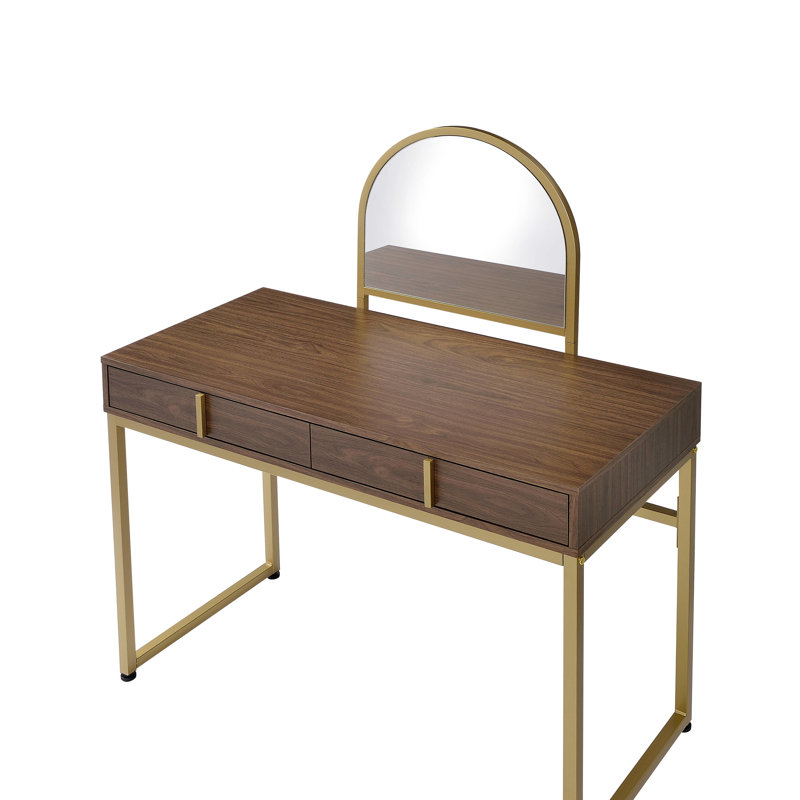 Rectangular Vanity Desk Of Gold And Walnut With Metal Frame, Mirror Jewelry Tray, 2 Drawers For Storage, Particle Board Project, 42 Inches Wide & Included, Storage Drawers, Arrangement, 50 Tall