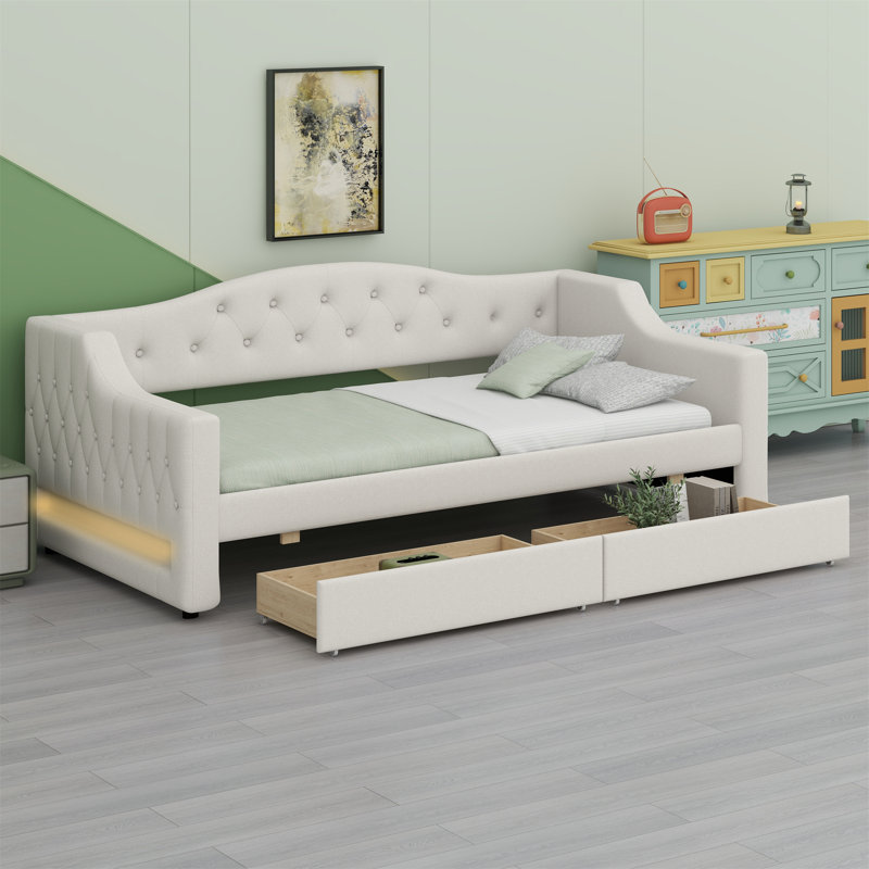 Upholstered Daybed With LED Belt And 2 Drawers, Beige