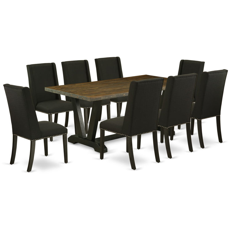 9-Piece Set with a Great Distressed Jacobean Dining Table top and 8 Wire Brushed Black dining room chairs with Nail Heads and Curved Back, Wire Brushed Black Finish