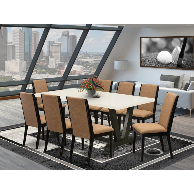 9-Piece Set Includes a Linen White Rectangular Table and 8 Light Sable Linen Fabric Padded Chairs with High Back - Wire Brushed Black Finish