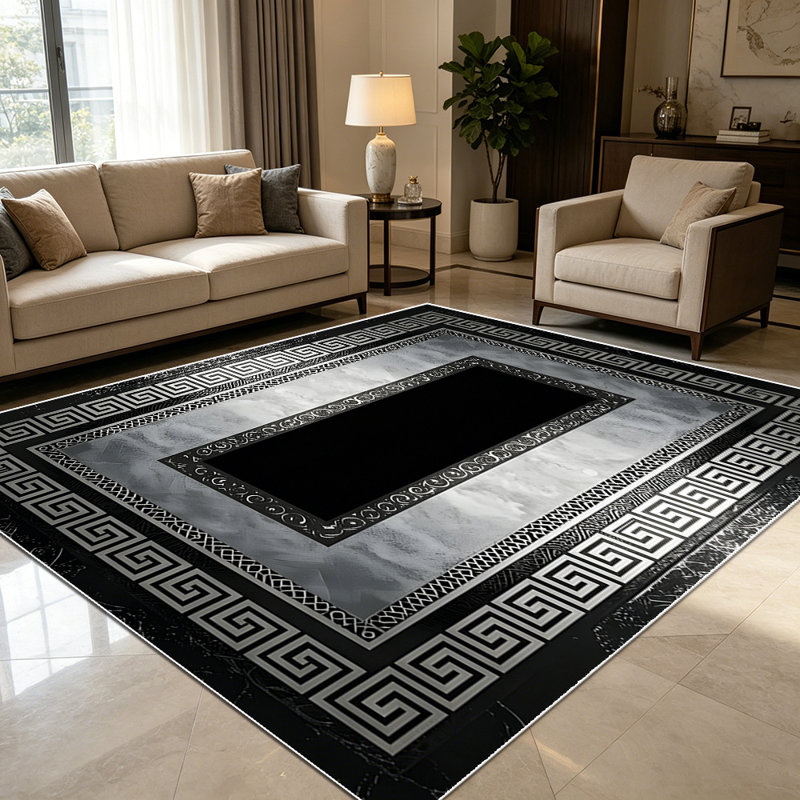 1PC Greek Key Vintage Black & Silver Geometric Medallion Bordered area rugs for Living Room, Soft and Comfortable, Suitable for all seasons, easy-to-maintain, machine washable Indoor floor mat, Under Table Farmhouse suitable for dining table, coffee