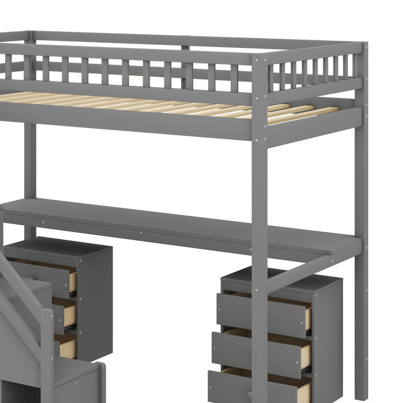 Lit mezzanine avec deux commodes, bureau et bande lumineuse, gris, Simple