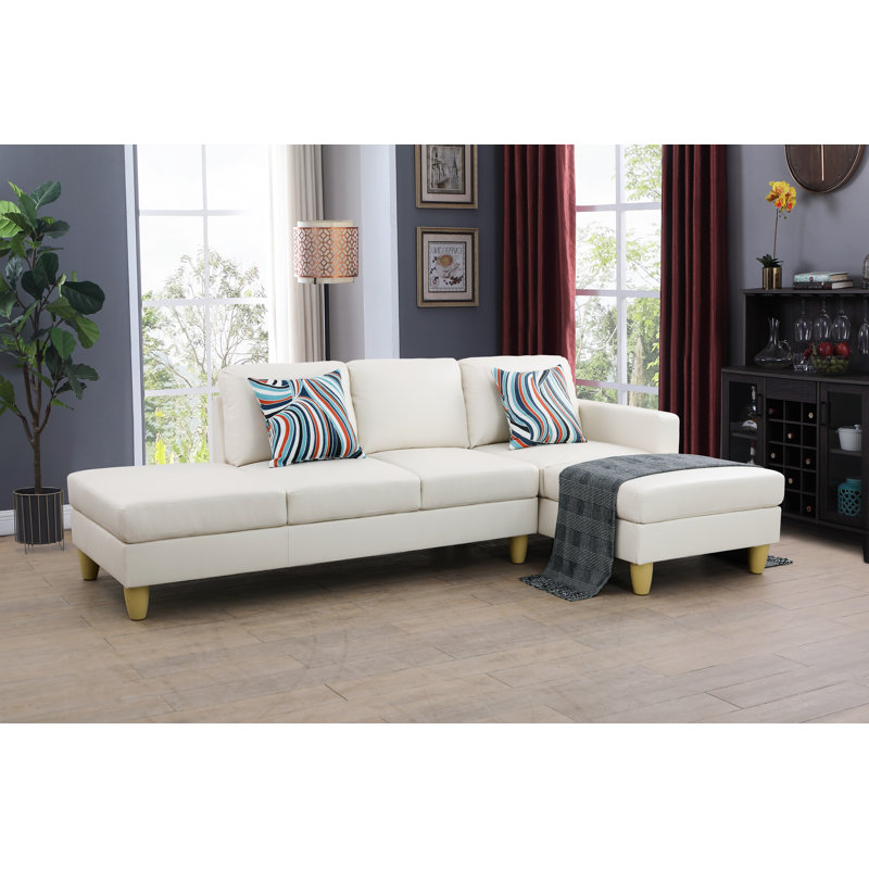 Kerriana Faux Leather L-Shaped Sectional, Cream Faux Leather, Right Hand Facing