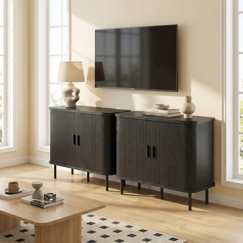 Buffet, armoire de rangement à lattes, noir