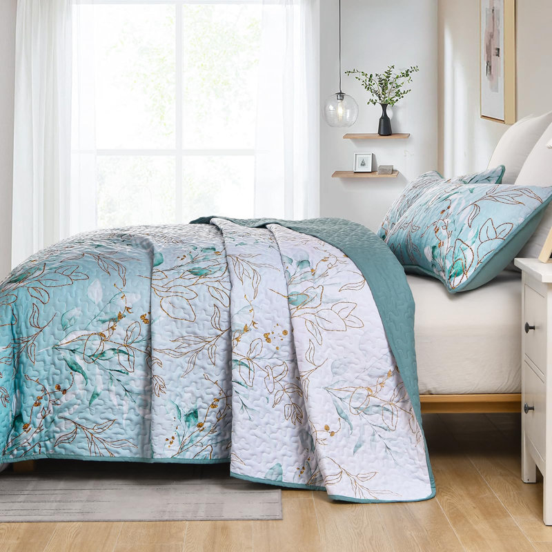 Ensemble de courtepointe 3 pièces à motif de fleurs en dégradé toutes saisons, Turquoise