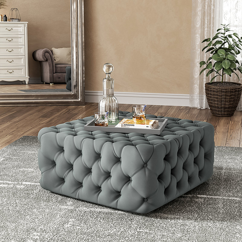 Silkgrass Velvet Tufted Square Footstool Ottoman, Grey