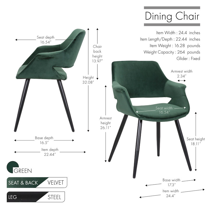 Shelton Velvet Dining Chair with Metal Legs, Green