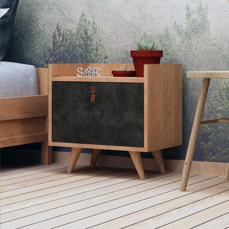 Cheyenne 50cm W Manufactured Wood Bedside Table, Black/Walnut