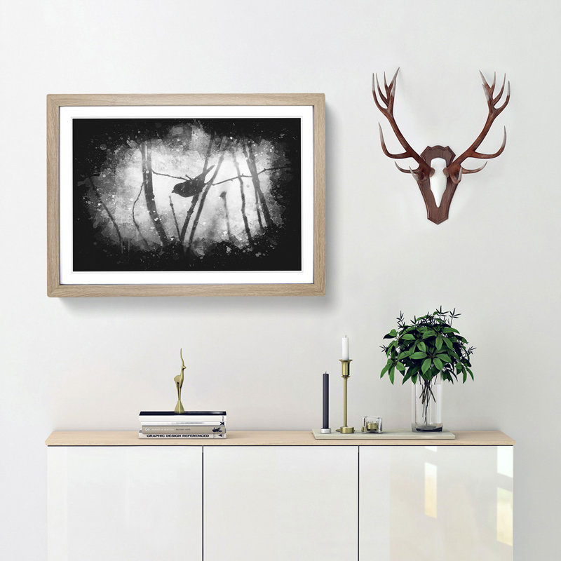 Bird On A Branch Paint Splash - Framed Print, 24cm H x 33cm W x 2cm D, Oak Framed