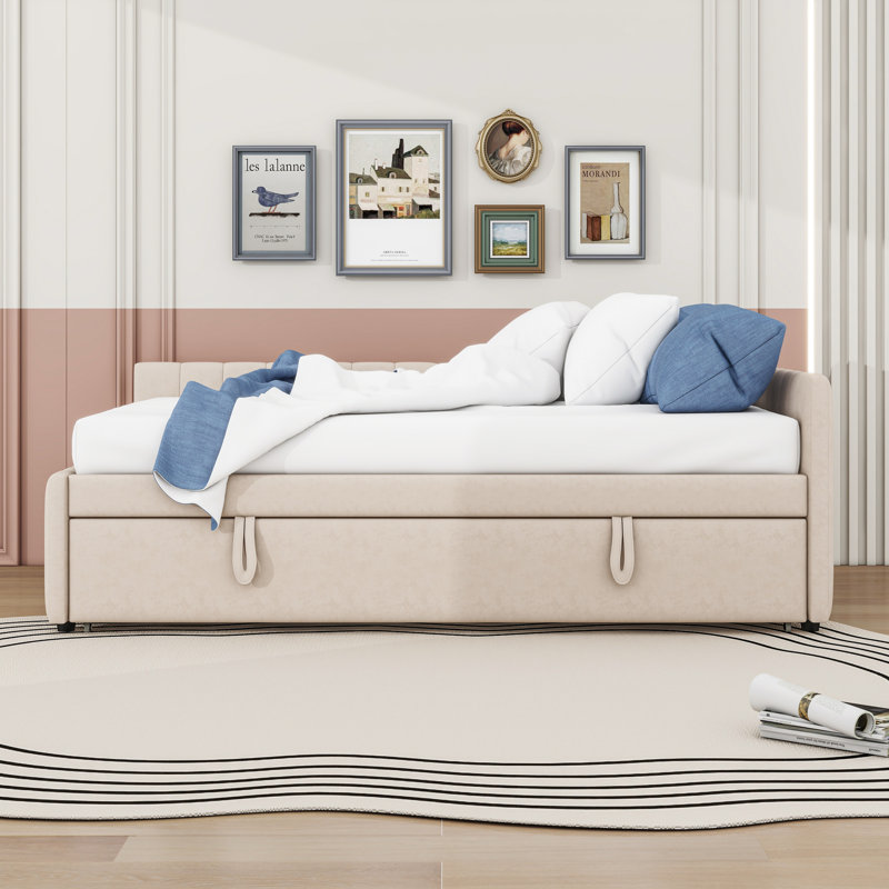 Full Size Upholstered Daybed with L-Shaped Backrest and Twin Trundle, Beige