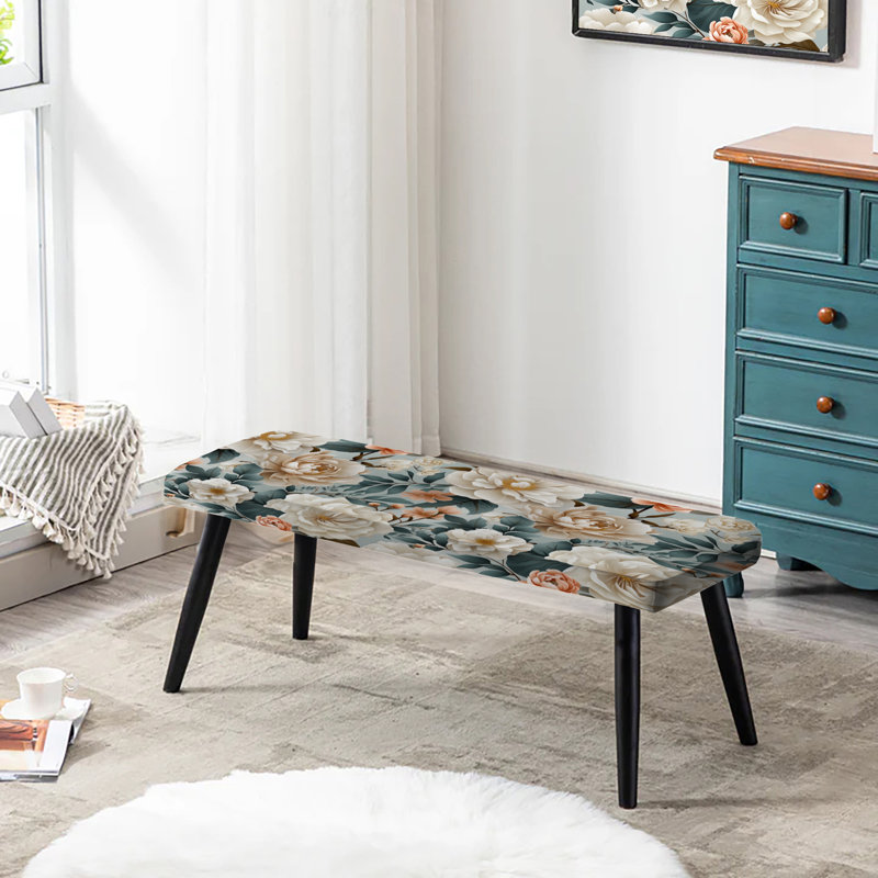 Banc rembourré floral noir Truong, Farmhouse Blue And White Floral Gardens I