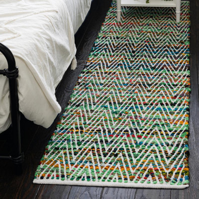 Tapis vert / bleu / blanc / noir / jaune en coton tissé à plat à la main Aberfeld