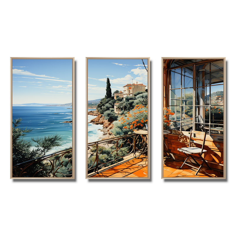 French Riviera Beach Reflections - Coastal Windows, art mural, Cadre flottant brun, H 32 po x l 48 po x P 1 po