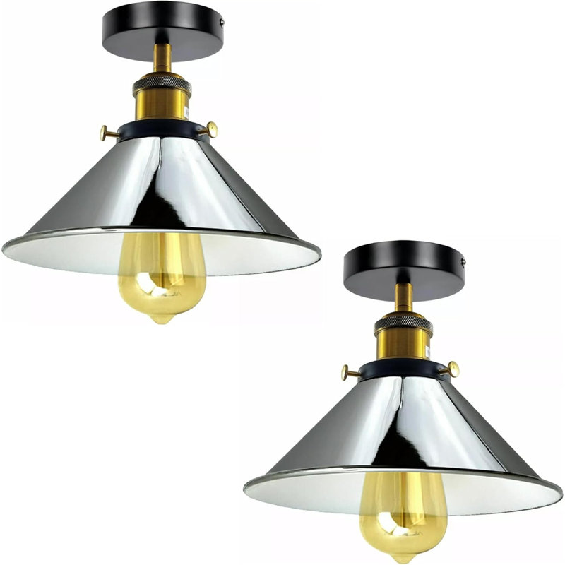 Ensemble de 2 plafonniers semi-encastrés E26 Vintage pour couloir avec abat-jour conique 22 cm, Chrome