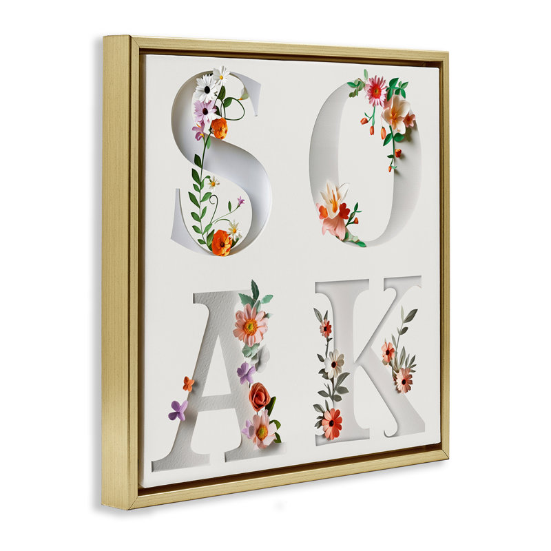 Cadre flottant floral avec lettres de bain, design par Susan Arnot, H 25 po x l 25 po, Cadre flottant métallique doré