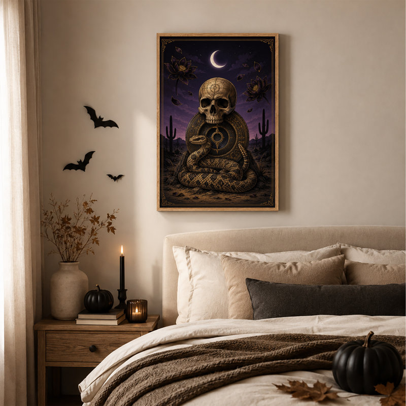 Impression sur toile, crâne doré et serpent enroulé dans la nuit du désert, H 48 po x l 32 po