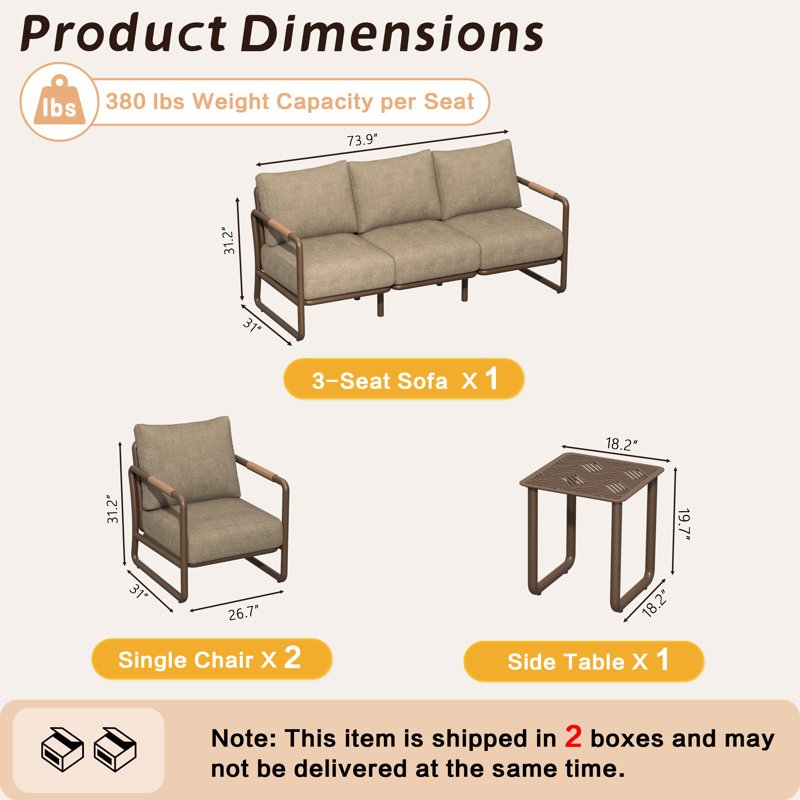Outdoor Aluminum Patio Furniture Set, 5-Seats Patio Conversation Sofa Set with 1 Coffee Tables , Brown Cushion/Brown Frame