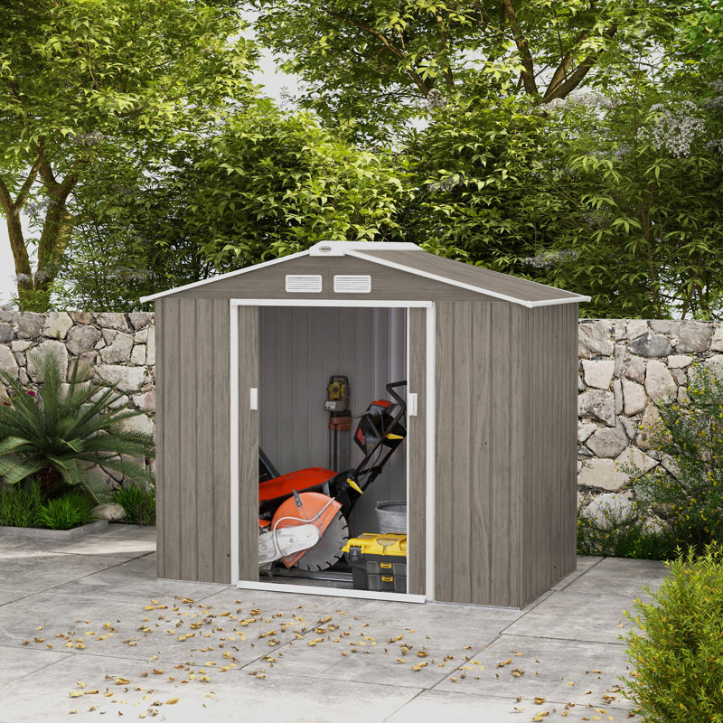 Outsunny 7 x 4ft Metal Garden Shed, Outdoor Storage Tool House with Ventilation Slots, Foundation Kit and Lockable Double Doors, Brown
