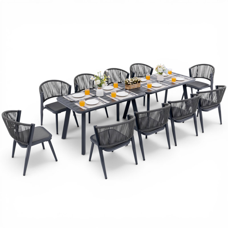 Ensemble de salle à manger 12 pièces pour l'extérieur, deux tables rectangulaires en aluminium de 51,2 po et 10 chaises en osier tissées à la main avec coussins respirants à 3 couches, meubles de patio toutes saisons résistants à la rouille pour le jardin et la terrasse