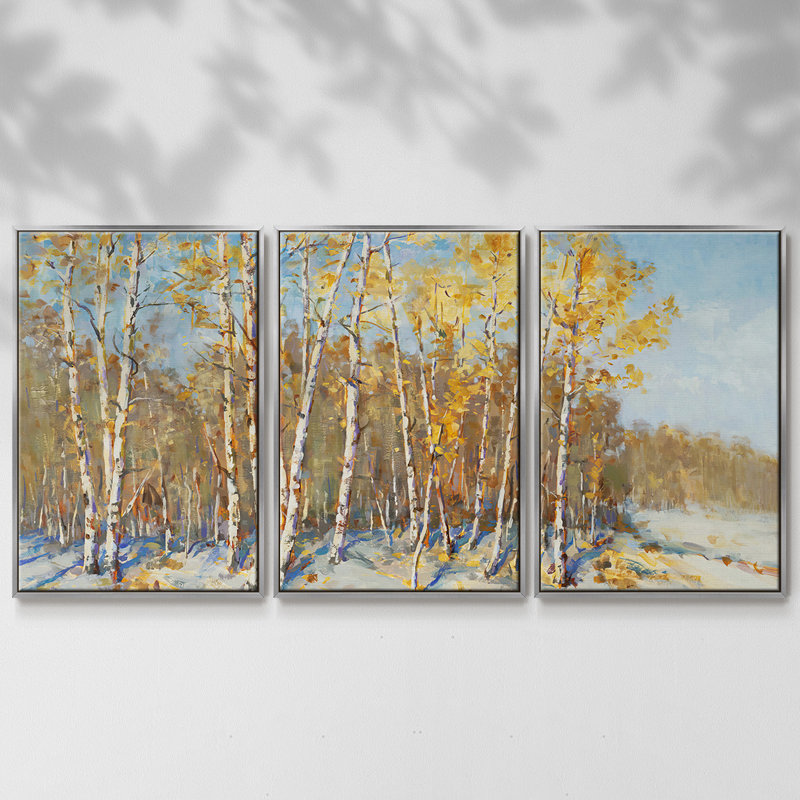 Arbres d'automne - Toile encadrée multi-pièces, H 36 po x l 75 po x P 2 po, Argenté