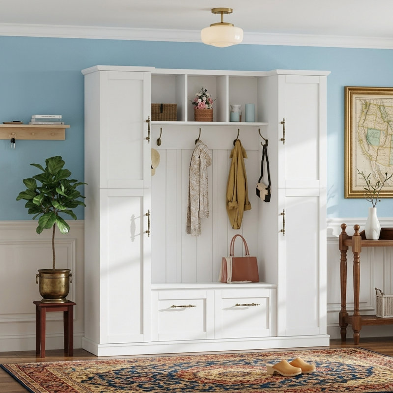 Elegant Design, Hall Tree With Open Storage & Bench For Entryway, White