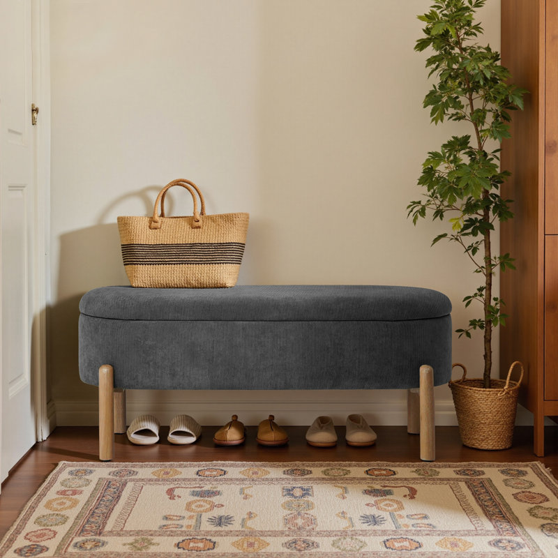 Banc de rangement rembourré avec pieds en bois, Gris