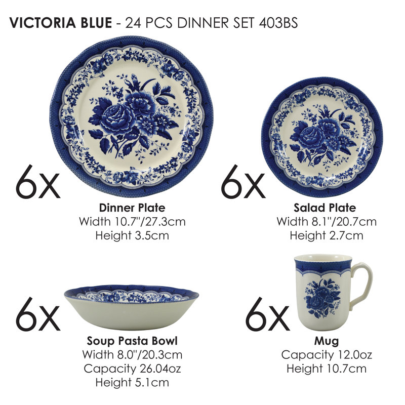 Victoria Blue Floral Porcelain 24-Piece Dinnerware Set, Service for 6