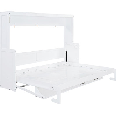 White Queen Size Bed With Hydraulic Desk, Space For Small Spaces, Strong Frame Ensuring Stability, Built-In Storage And Mattress, 10-Inch Mattress Ideal Wall Hinges, Functional, 600 Lbs Weight
