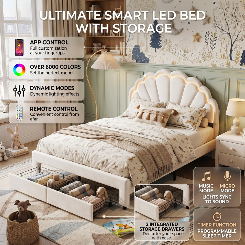 EU & UK Size Smart LED White Velvet Upholstered Bed Frame With Storage Drawers, Scalloped Petal Headboard & App Controlled RGB LED, 90/140X200cm & 120X190cm