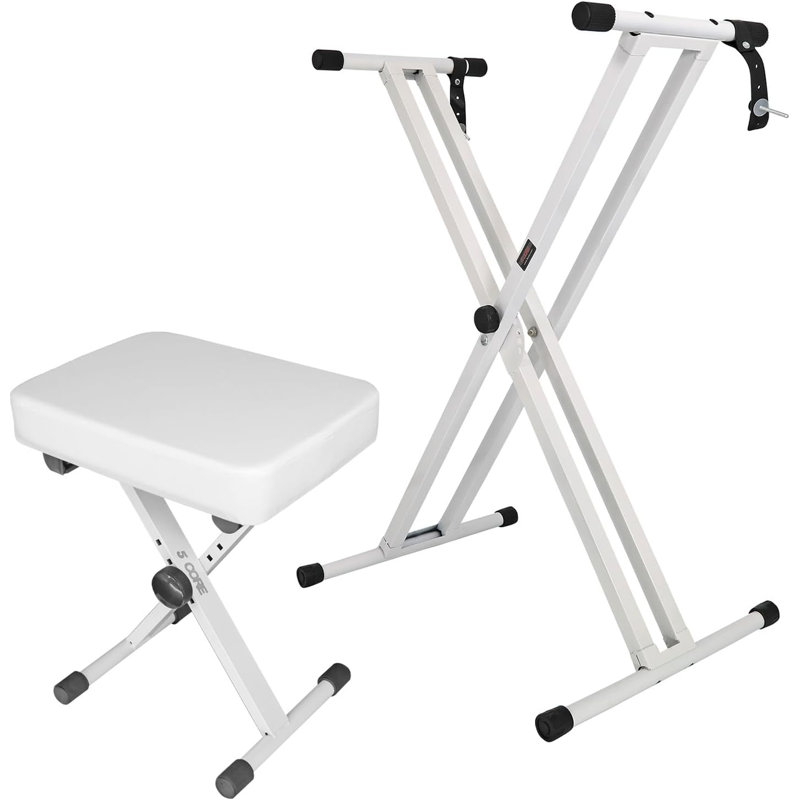 5 Core Keyboard Stand Double X Style Adjustable Piano Riser + Keyboard Piano Bench, White