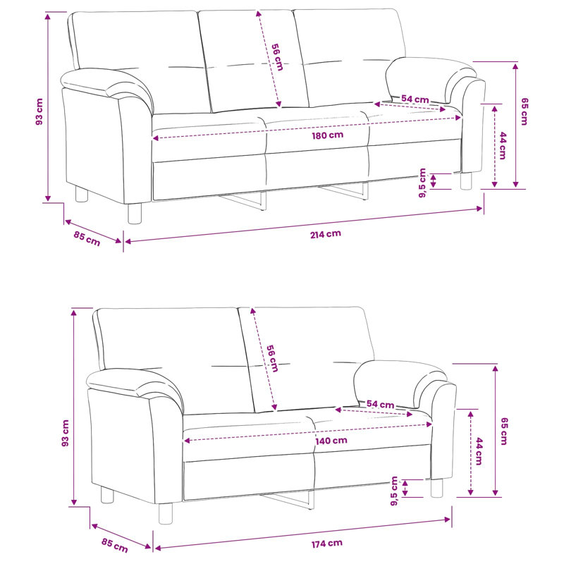 Ensemble de canapé 2 pièces en velours noir, 2-Seater (55.12 in) + 3-Seater