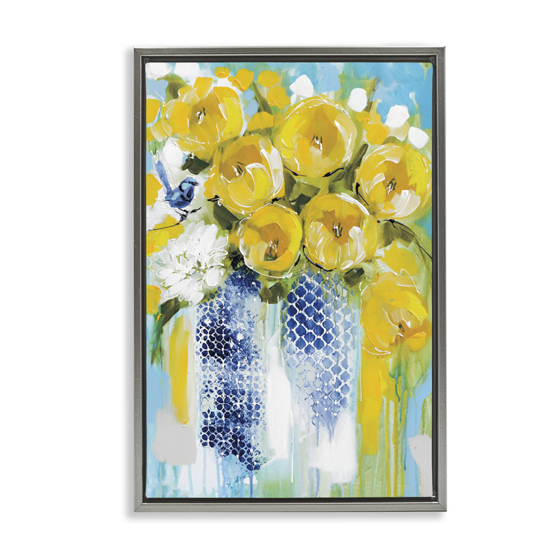 Cadre flottant Sunshine Yellow Flowers, design par Amanda Brooks, H 25 po x l 17 po, Cadre flottant gris lustré