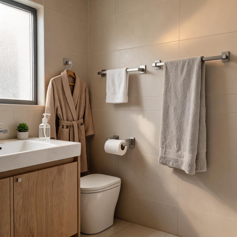 4 Piece Wall Mounted Bathroom Hardware Set in Brushed Nickel Stainless Steel with Towel Bar, Paper Holder and Robe Hook
