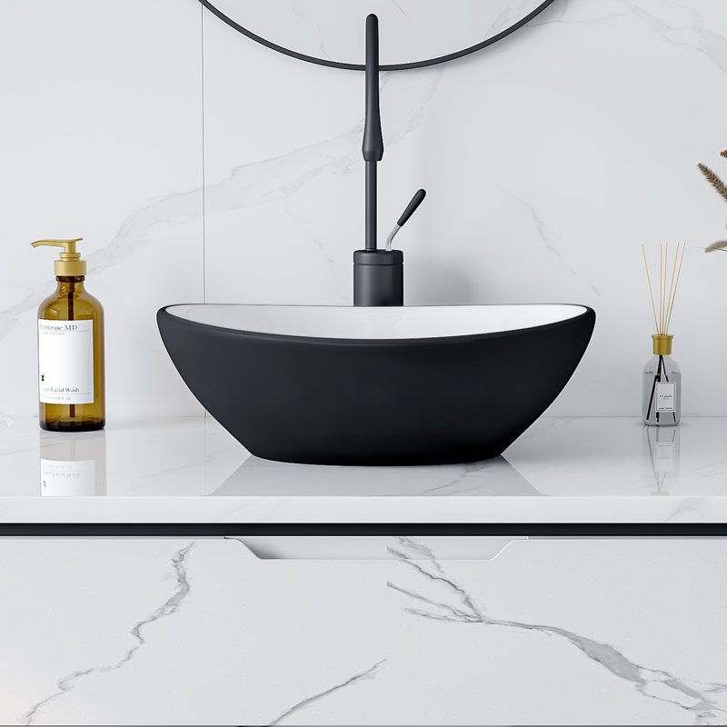 Lavabo de salle de bain vasque ovale en porcelaine vitrifiée blanc / noir mat L 16 po x l 13 po Eclisse, White/Matte Black