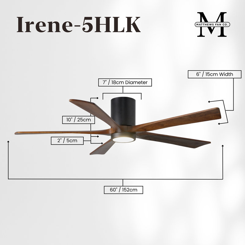 Irene Flushmount Light Kit 5 Blade LED Ceiling Fan, Matte Black, 60", Walnut Tone