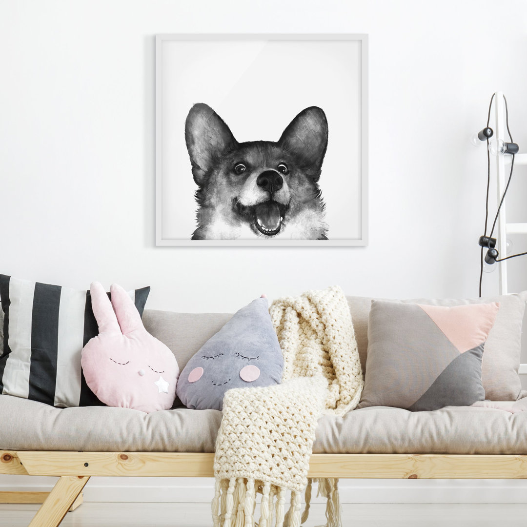 Gerahmtes Poster Illustration Hund Corgi Weiß Schwarz