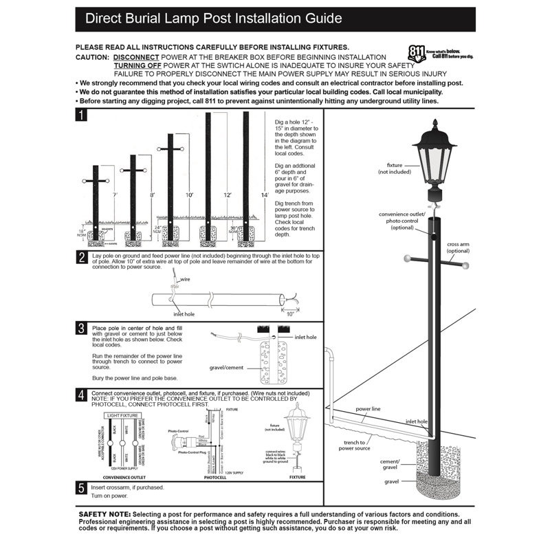 Solus 7, 8, or 10 ft.  Hardwired Direct Burial Lamp Post with Cross Arm and Dusk-to-Dawn Photocell Sensor, Black