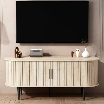 Meuble télé moderne 47 po avec compartiment de rangement et porte coulissante, centre de divertissement pour le salon, la chambre à coucher, le bureau en bois naturel, matériau, 5 pieds en bois, plateau de table large