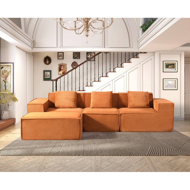 Canapé modulaire convertible en velours côtelé avec repose-pieds et coussins, Velours côtelé orange citrouille