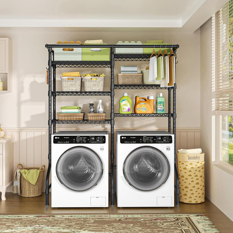 Over Washer And Dryer Storage Shelf With Hanger Rods, 6-tier Laundry Room Organizer With Adjustable Shelves, Space Saving Drying Rack For Laundry Room And Bathroom