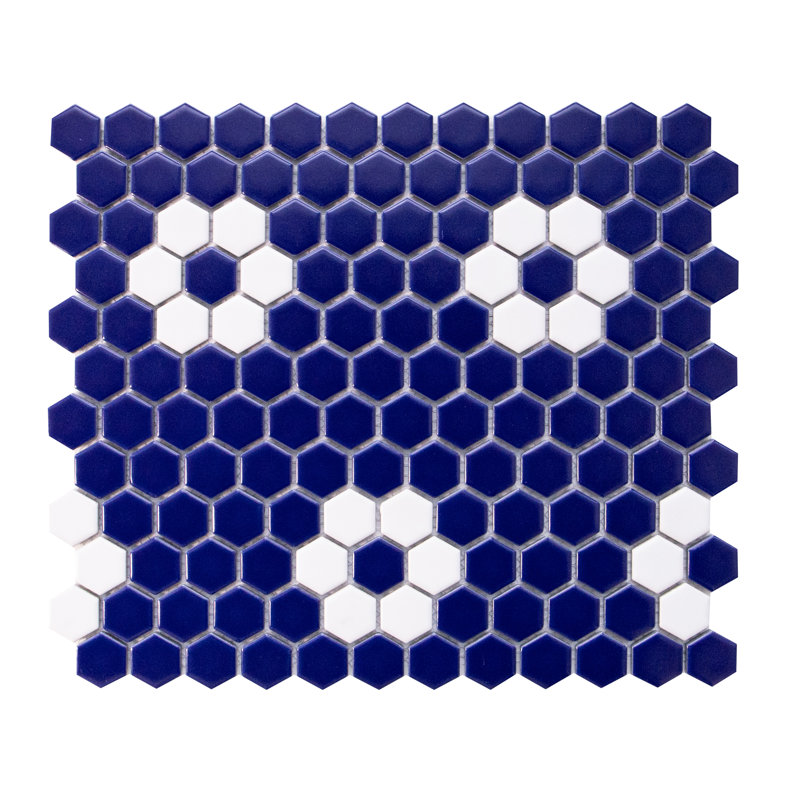 Carreau de mosaïque en porcelaine nid d'abeille 1 po x 1 po Value Series, Bleu cobalt / fleur blanche