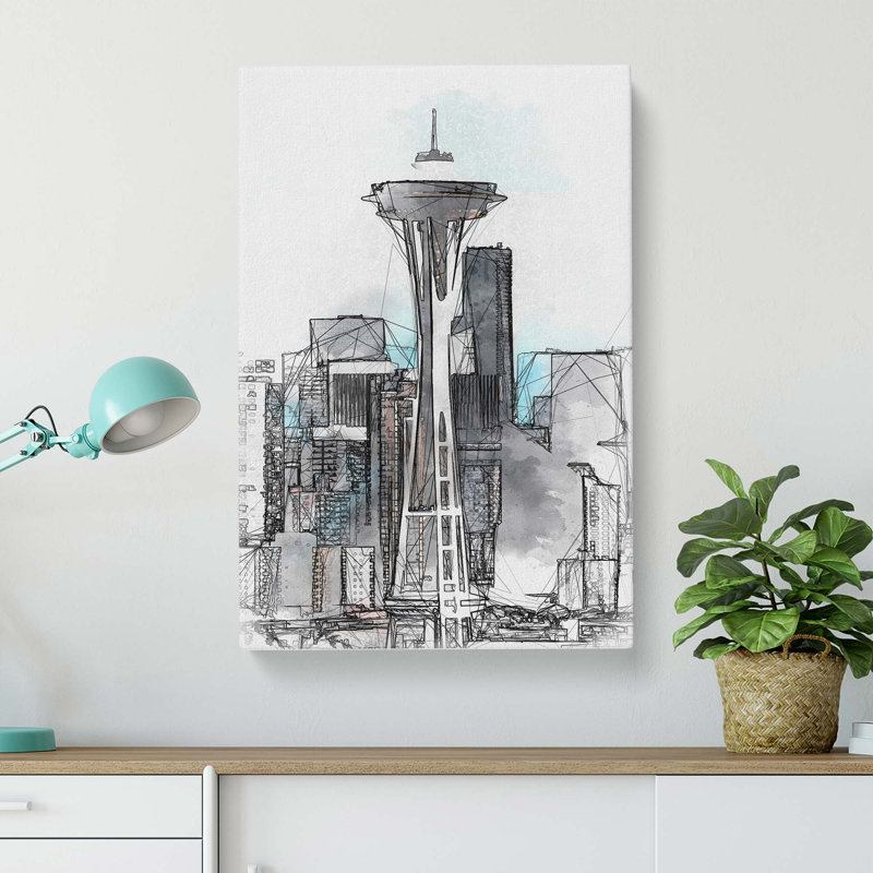 Space Needle in Seattle Washington in Abstract - Wrapped Canvas Drawing - Wrapped Canvas, 50cm H x 35cm W x 3cm D