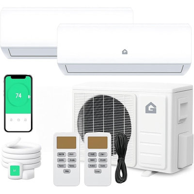 Mini pompe à chaleur à deux zones à courant alternatif 20 000 BTU, système sans conduit 20 SEER2 12k + 12k, Wi-Fi, 208-230V, condensateur préchargé et ensembles de 16 pieds pour une couverture multi-pièces de 750 pieds carrés