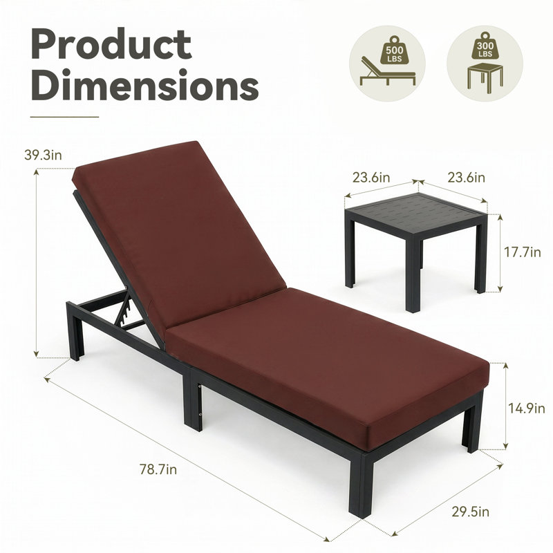 Outdoor Aluminum Chaise Lounge Chair with Side Table & Cushions, Rust-Resistant Adjustable Recliner for Patio, Pool, Deck