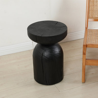 Solid Mango Wood Side End Table In Black, 12.4*17.7 Inch Round Contemporary Wooden Accent Table, Small Round Plant Stand, Burnt Vintage Cracked End Table For The Living Room And Bedroom