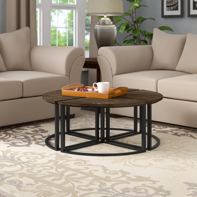 Kersh Arcadia Acacia Wood Nesting Tables, Set of 4 Round Wedge, Antiqued Mocha Finish, Industrial Style, Sleek Metal Legs, Dims 28 in. W x 16.5 in. D x 16 in. H, Adaptable for Large or Separate Tabletop Use