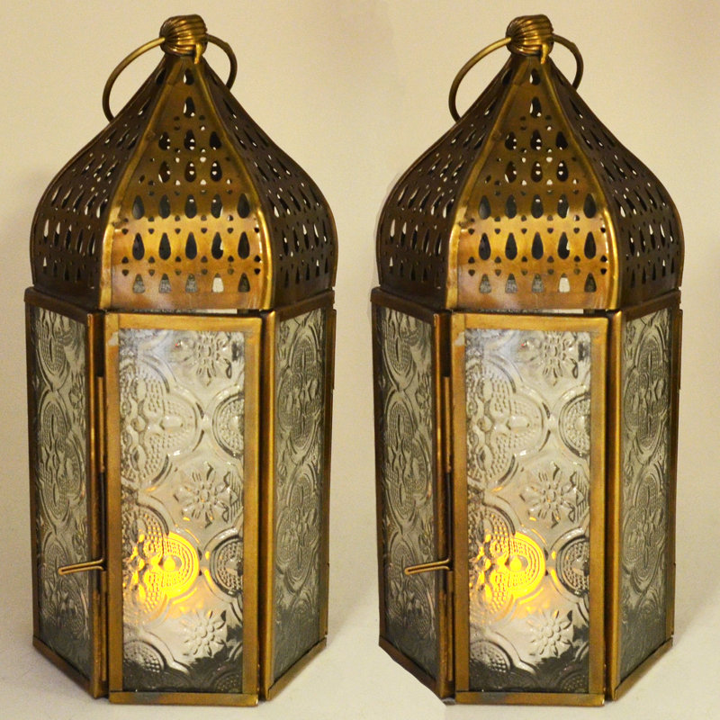 Moroccan Style Metal/Glass Lantern with Brass Detailing